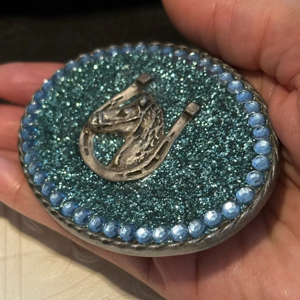 Rubyrudi Artist Western Belt Buckle Hand Crafted OOAK Blue Glitter Glass Rugged